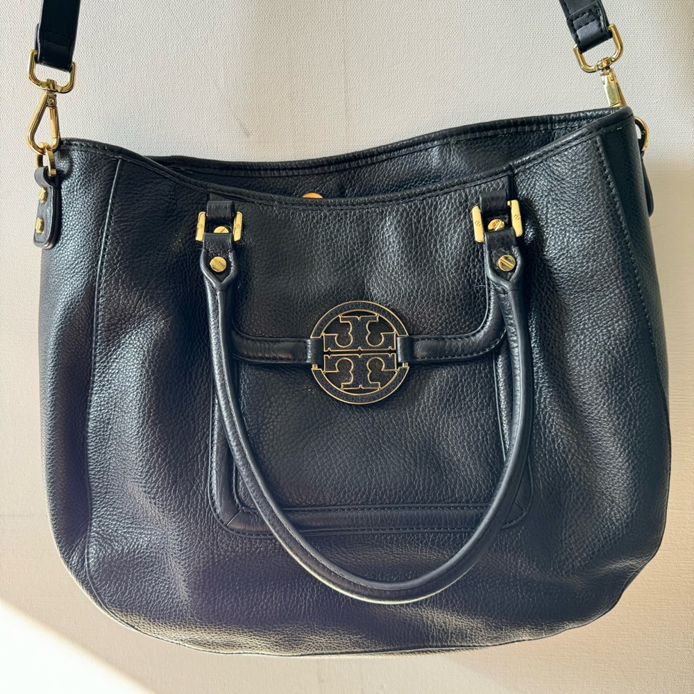 Tory Burch Black Leather Hobo with Gold Hardware